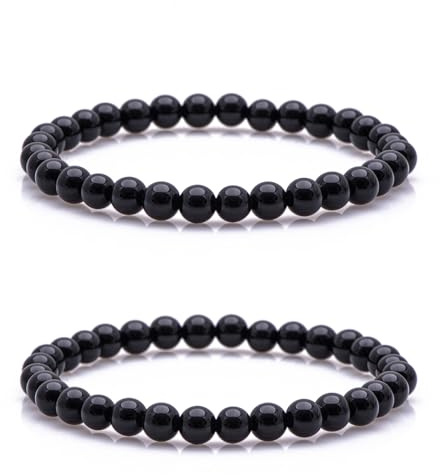 Biglumin Bracciale tormalina nera da 6 mm, braccialetto in ossidiana, portafortuna con pietre preziose, gioielli di moda per i migliori amici, parenti, colleghi, vicini.(2 pezzi)