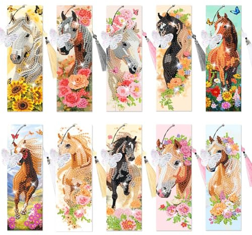 10 Stück Diamond Painting Pferd, Pferde Lesezeichen Bastelset Mädchen mit 20 Bookmark Anhänger, Glitzer Diamond Painting Kinder für Mädchen, Jungen, Pferdeliebhaber