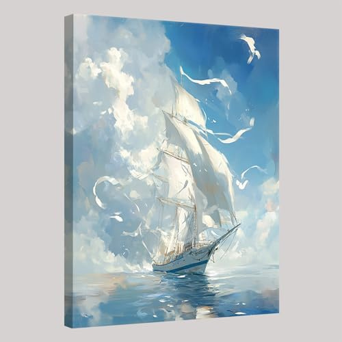 Bilder Deko Weißes Segelboot auf dem Meer Leinwandbilde Modern Poster Wohnzimmer Schlafzimmer Wandbild Kunstdruck Wandbilder Aufhängefertig 40 x 30 cm