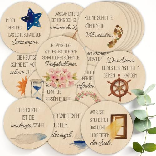 BIROYAL Glücksbringer Holz 30 Stk, mit Sprüchen, Ø4 cm 0,3 cm, Modell 2 | Druckklar & Gratfrei, mit Metallbox, Als Streudeko, Mitgebsel & Gastgeschenk, Tischdekoration, für Prüfung, Geburtstag, Taufe