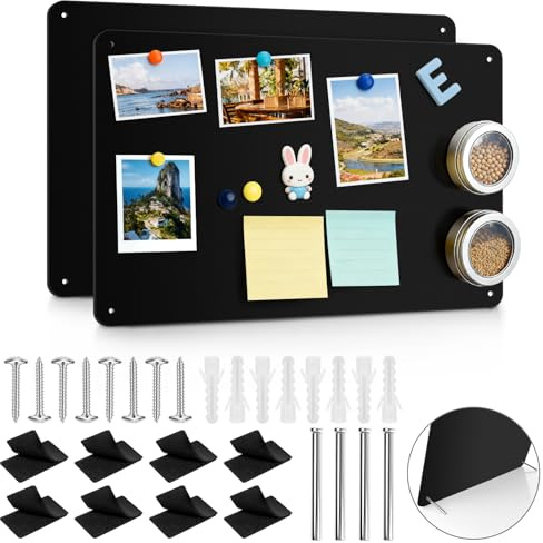 ARVOK 2 Pack Black Magnetic Board 43.5 x 30 cm, Metal Magnet Bulletin Board for Wall, Refrigerator, Cabinet, Display Notes, Photos, Poetry, Includes 8 Screws & 8 Dual Lock Tapes, 4 Support Screws