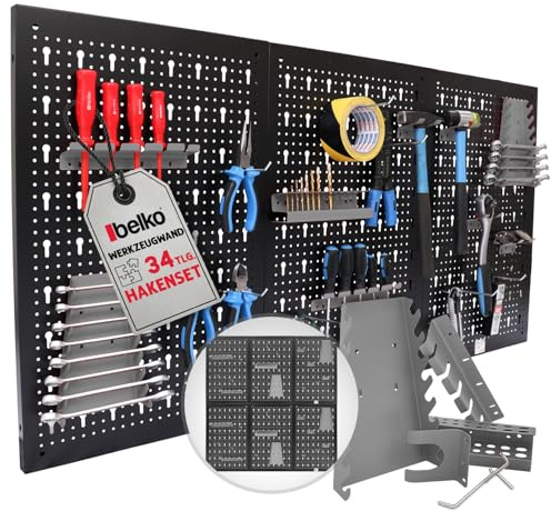 Belko® Werkzeugwand Grau 2er Set | je 120x60 cm (kombinierbar zu 240x60 cm oder 120x120 cm) | inkl. 34-teiligem Haken & Regal Set | Lochwand Metall Pegboard Werkzeughalter Organizer Regal