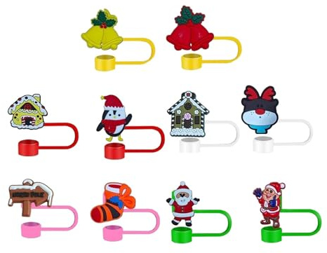 Sombreros de paja de dibujos animados con temática navideña de 8 mm, paquete de 10 unidades para bebidas (rojo, 3 x 2,5 x 1 cm)