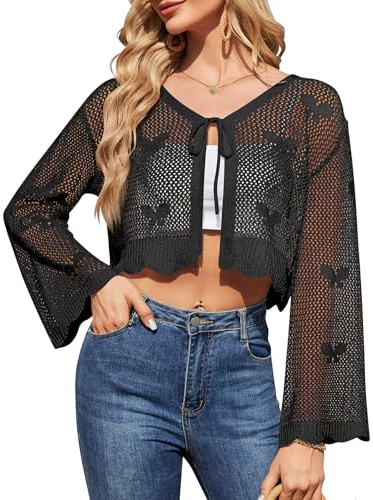 LYNYMUA Cardigan d'été festif pour femme avec nœud sur le devant, manches longues, crochet, col en V, manches évasées, cardigan