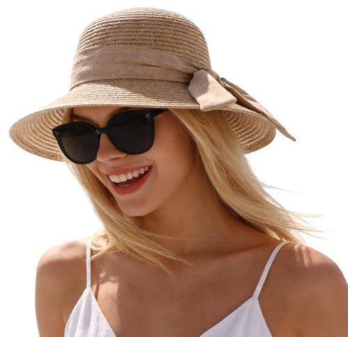 LHHMZ Womens Wide Brim Straw Hat, Summer Beach Sun Hats, Foldable Outdoor Summer Beach Hat Khaki