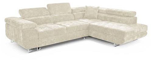 COMFORTINO FURNITURE Ecksofa mit Schlaffunktion PASTI L-Form, Sofa Couch mit Bettkasten, 3-Sitzer Eckcouch, Schlafsofa für Wohnzimmer, Big Sofa Couch mit Schlaffunktion (Creme, Ottomane Rechts)