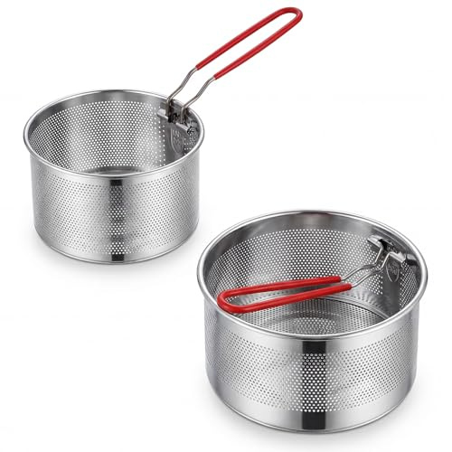 Zynaxir 2Pcs Pasta Strainer, Stainless Steel Noodle Strainer Basket with Removable Handle Frying Baskets Strainers for Cooking French Fries, Vegetable, Rice, Fruit & Food (16cm+18cm)