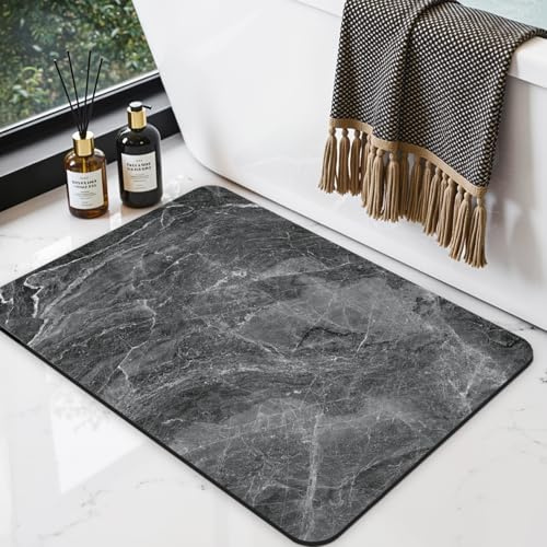 DEXI Bath Mat, Non Slip and Quick Dry, 40 x 60 cm, Marble Charcoal | Rubber Backing, Absorbent, Ultra Thin, Low Profile, Bathroom, Shower, Bathtub, Sink Areas
