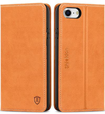SHIELDON Hülle für iPhone SE 2022 5G, Handyhülle iPhone 8 [Erstklassig Rindsleder] [Kartenfach] [Magnetverschluss] [Stand], TPU Stoßfeste Schutzhülle Ledertasche für iPhone 7/8/SE 2020/SE3 4,7 - Braun