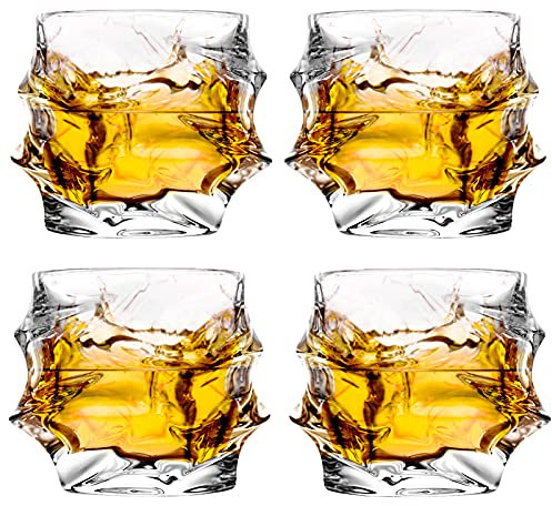 GLASKEY Lot de 4 Verres à Whisky en Cristal Soufflé à la Main de 350 ml, Verres à Cognac Uniques,Verre à Bar à Fond épais et épais pour Scotch, Bourbon, Rhum, Gin, Eau, Cocktail