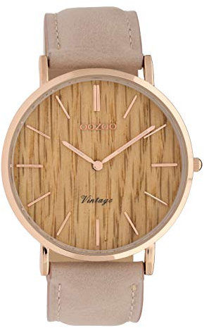 Oozoo Vintage Damenuhr Lederband Wood 40 MM Rose/Braun Holz/Pinkgrau C9866