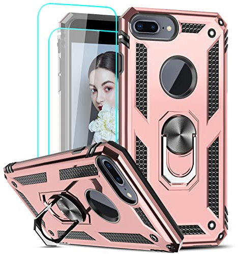 LeYi for iPhone 8 Plus/7 Plus Case, iPhone 6s Plus/6 Plus Case and 2 Tempered Glass Screen Protector, Ring Holder Shockproof Protective Hard Armor Phone Cover for iPhone 8/7/6/6s Plus Rose Gold