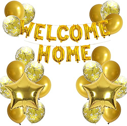 Herzlich Willkommen Zuhause Deko, Willkommen Zuhause Banner Ballon mit Stern Konfetti Luftballons für Willkommen Zuhause Baby Deko Familie Party Dekoration(24 Stück)