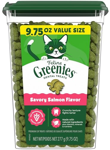 Greenies Cat Treats, Feline Veterinarian-Recommended Adult Natural Dental Cat Treats, Savory Salmon Flavor, 9.75 oz. Tub