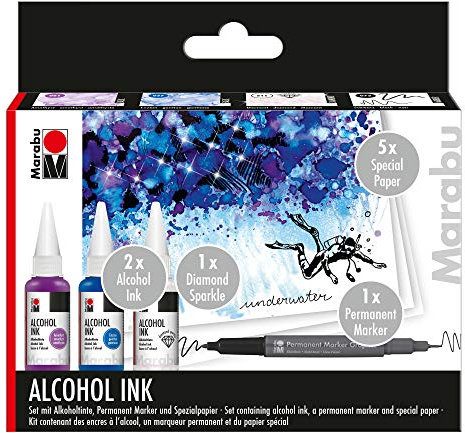 Marabu 1216000000100 - Alcohol Ink Set Underwater mit 3 x 20 ml Alkohol Tinte, 1 x Permanent Marker, Spezialpapier und Anleitung, Alkoholtinte für Fluid Art, Resin Art und Epoxidharz Farbe