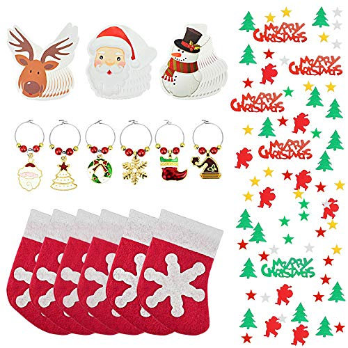 SNAGAROG Weihnachten Tischdekoration Set- 30 Stück Weihnachten Weinglas Marker, 6 Stück Weihnachtsstrumpf Besteckhalter, 6 Stück Weinglasdeko Anhänger und 1 Pack Weihnachten Konfetti