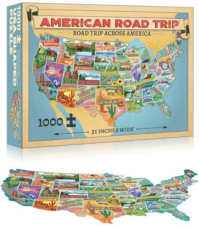 TDC Games US Map Puzzle Great American Roadtrip with Individual States, 1000 Piece Jigsaw Puzzle for Kids and Adults, Large America Shaped Educational Puzzle, Challenging Puzzle Map of USA