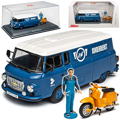 Barkas B1000 Kasten Transporter Blau mit Simson Schwalbe Kundendienst DDR 1961-1990 1/43 Schuco Modell Auto Modell Auto
