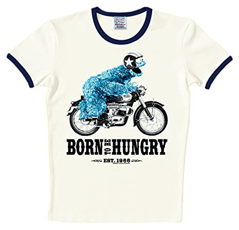 Logoshirt® Sesamstrasse I Krümelmonster I Motorrad I Born to Be Hungry I T-Shirt Print I Damen & Herren I kurzärmlig I Weiss I Lizenziertes Originaldesign I Größe M
