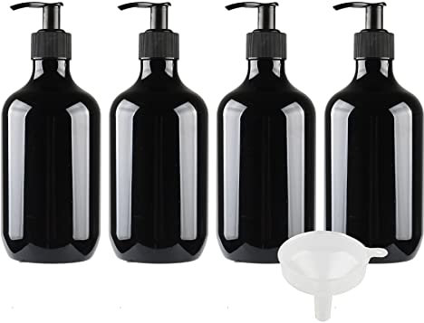 ZEOABSY 4 Stück Leere 500 ml Kunststoff Schwarz Seifenspender, 500ml 16.9 oz Lotionspender Flasche mit Gelspender Pumpflasche zum befüllen für Shampoo Badezimmer Hotel Lotion, Gel mit Trichter