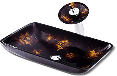 YEITH Lavandino in Vetro Temperato, Lavabo da Appoggio ​in Vetro Temperato, Artistico Lavabo da Appoggio Nero e Oro Lavabo, da Bagno, Rubinetto Cascata, Famiglie, Hotel Decorazioni,C