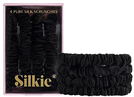 SILKIE x4 Set 100% Pure Mulberry Silk Black Skinny Scrunchies Travel Pouch Everyday Hair Ties Elastics Hair Care Ponytail Holder No Damage (Noir)