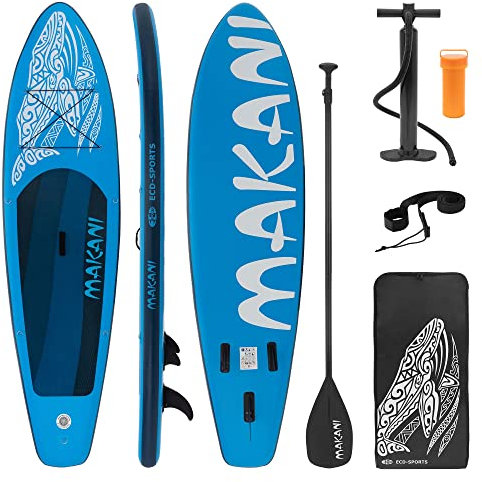 ECD Germany Aufblasbares Stand Up Paddle Board Set Makani Blau, 320x80x15 cm, aus PVC, bis 120 kg, Alu-Paddel, Komplettes Zubehör, SUP Board Paddling Board Paddelboard Surfboard Surfbrett Paddelbrett
