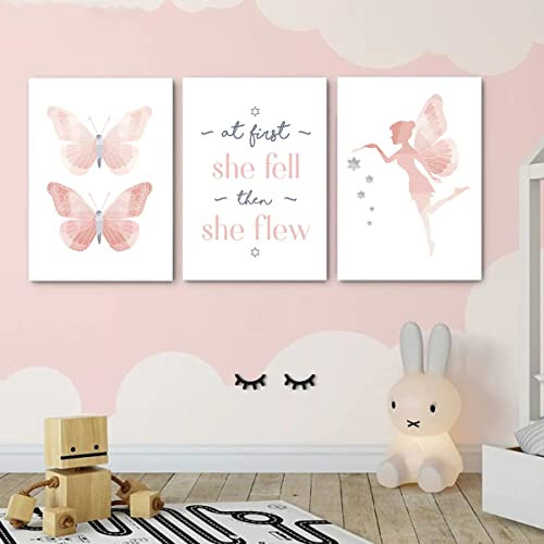 SWECOMZE 3er Set Poster Kinderzimmer, Rosa Schmetterling Bilder Ohne Rahmen, Kinderposter, Bilder Babyzimmer, Wandbilder Deko Für Mädchen (30 x 40cm)