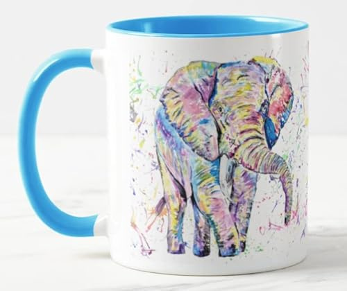 Vixar Elephant Forward Facing Adult Wild Animal Watercolour Art Coloured Mug Cup Gift Birthday Work Office Christmas Tea Coffee (L Blue)