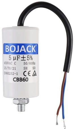BOJACK 5uF 450V Condensateur Demarrage Moteur 34x63mm Condensateur de Travail pour Moteur avec fil de taille M8 avec écrou Compatible avec la plupart des moteurs.