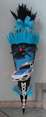 Schultüten Bastelset Polizeiauto mit Hubschrauber 2 schwarz-türkis-blau Hintergrund vormalen ja, Schultüten-Rohling 3D Wellpappe-Rohling