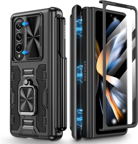 Doeshine Hülle für Samsung Galaxy Z Fold 4, Handyhülle mit Ständer & S Pen Slot, Ganzkörper Robuste Schutzhülle mit Displayschutzfolie, Kameraschutz, Anti-Shock Case mit Scharnierschutz (Schwarz)