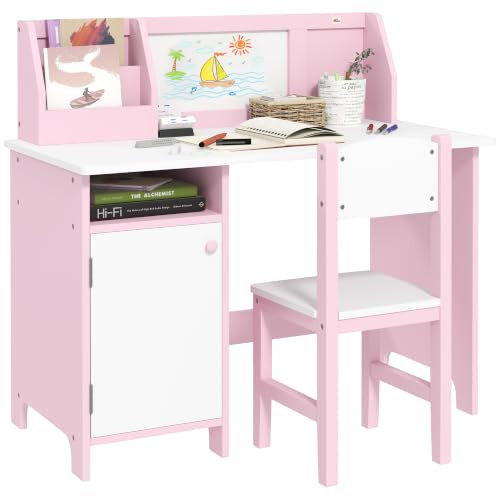 HOMCOM Juego de Mesa y Silla Infantil de Madera con Pizarra Blanca Rosa