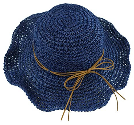 Chapeau de soleil pour femme à large bord - Chapeau de plage respirant anti-UV UPF 50+ - Chapeau de paille pliable pour l'été et l'extérieur, bleu marine, Taille unique