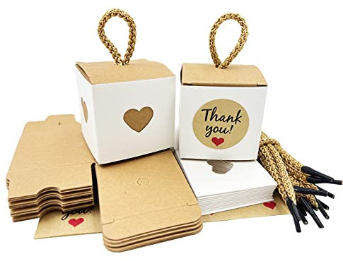DUGYIRS 50 Piezas Cajas de Regalo de Papel Kraft 5.5x5.5x5.5 cm Caja de Regalo Pequeña Cajas de Caramelos Cajas de Regalo Vintage para Bombones Chiflado Azucares Pequeños Regalos(Marrón&Blanco)