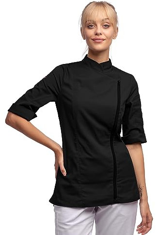 strongAnt Damen Kochjacke 3/4 Kurzarm mit Reißverschluss Stretch Professionelle Kochuniform - Schwarz, Größe: XL