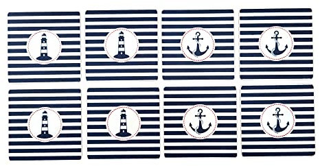 BUSDUGA 4290 8er Set Holz-Untersetzer Maritim, 9x9cm, Glas Untersetzer Tischset Leuchtturm und Anker blau weiß