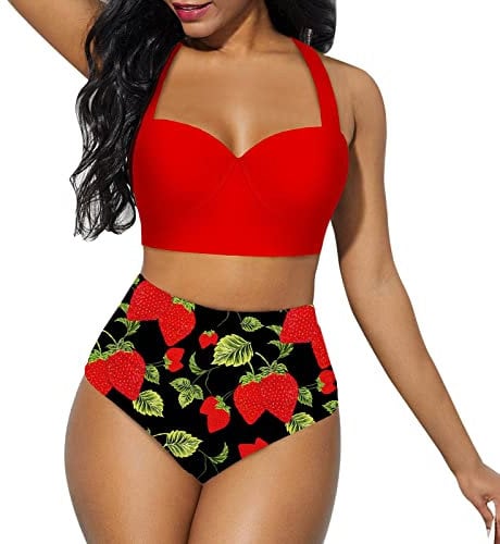 KBOPLEMQ Women's Bikini Set V Neck High Waist Bikini Swimwear Wave Edges Tropical Print Tummy Control Two Piece Swimsuit Push Up Bikini Top S - 5XL, Rose Gold, M