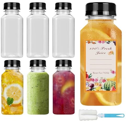 250ml Plastic Juice Bottles 6Pcs - Reusable PET Drink Bottles With Lids