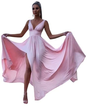 Generico Abito Donna Vestito Lungo Scollo Profondo Spacco Cerimonia Damigella Elegante Feste Eventi Rosa/Taglia Unica