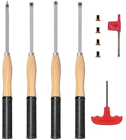 DEEFIINE 18.3 Full Size Carbide Tip Wood Lathe Turning Tool Kit, Lathe Roughing and Finishing Tool with Diamond Round Square Carbide Inserts for Woodturning (4pcs)