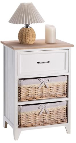 CARO-Möbel Nachttisch Provence weiß, Nachtkommode mit 1 Schublade und 2 Körben, Beistelltisch im Landhausstil mit schwarzen Griffen, Kommode aus Paulownia Holz