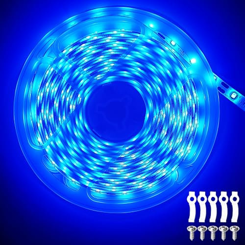 ShineBurky 12V LED Streifen Blau 5M, LED Strip Flexibel Schneidbar 300 SMD2835 LEDs Wasserdichtes Selbstklebend Lichtband für Innen Schlafzimmer Küche Weihnachten Deko, Kein Netzadapter