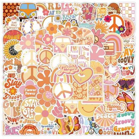 Hippie Stickers 100Pcs Cute Waterproof Aesthetic Groovy Boho Sticker for Water Bottle Laptop Skateboard Computer Scrapbook Notebook Motorcycle Luggage Car,Vinyl Funny Decals for Teens Boys Girls