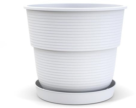 Plastard Blumentopf Milano 28 cm Durchmesser mit passenden Untersetzer Farbe Weiß Übertopf Blumenkübel für Garten Balkon Terrasse Pflanztopf
