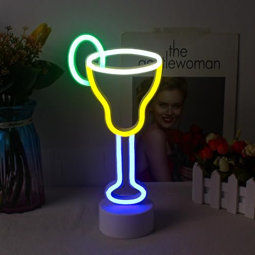 LUCUNSTAR Verre à vin néon signe avec base, cocktail néon avec USB/batterie, indicateur LED pour bar, bureau, salon, bar, Club