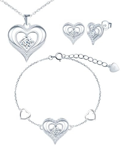CONILOK Damen Schmuck Herz Kette Armband Ohrstecker Silber 925 Sets Zirkon Love Charms Anhänger Halskette Geschenke für Frauen Freunde Geburtstag Weihnachtstag Valentinstag Silber