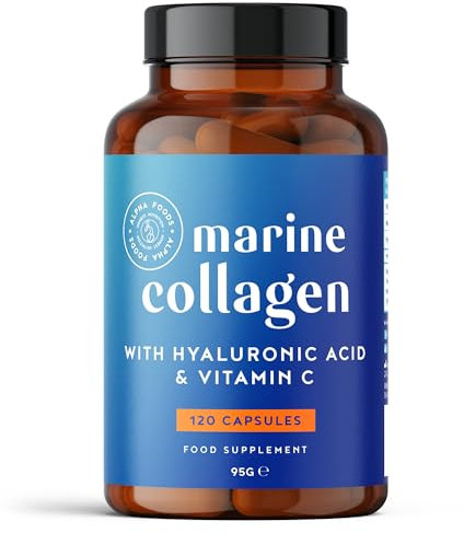 Marine Collagen Capsules 2200mg | Enhanced with Hyaluronic Acid and Vitamin C | High Strength Hydrolysed Collagen Supplements for Women and Men | 120 Capsules | for Skin, Joints and Hair | Alpha Foods