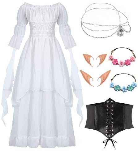 Robes gothiques victoriennes pour femme - Costume de Renaissance vintage - Robe de soirée blanche - Avec oreilles d'elfe - Avec oreilles d'elfe - Chaussettes et corset - VL029L