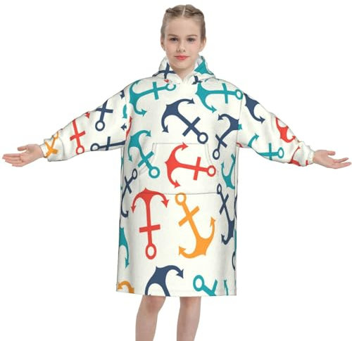 Decke mit Anker-Motiv, tragbare Decke für Kinder, Plüsch-Flanell-Kapuzendecke mit riesiger Tasche, mehrfarbig, 320g flannel